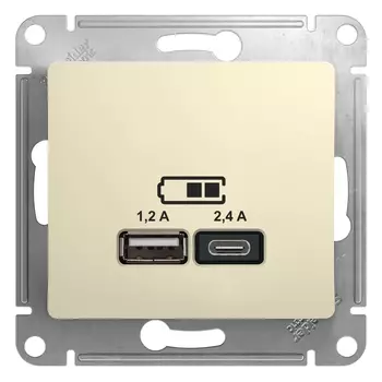 Розетка Schneider Electric Glossa, USB-A, USB-C, 1.2А, 2.4А, механизм, бежевый (GSL000239)