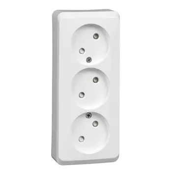 Розетка Schneider Electric ЭТЮД, открытый монтаж, 3-х постовая, со шторками, 16A, в сборе, IP20, белый (PA16-010B)