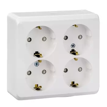 Розетка Schneider Electric ЭТЮД PA16-208B, открытый монтаж, 4-х постовая, с з/к, со шторками, 16A, в сборе, IP20, белый (4690201016731)