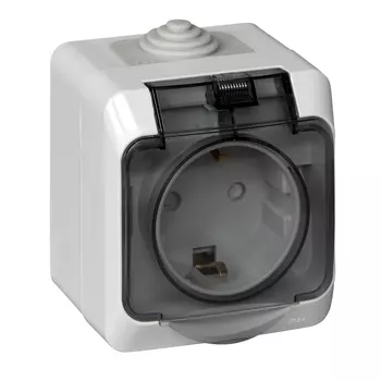 Розетка Schneider Electric Этюд, открытый монтаж, однопостовая, с з/к, со шторками, с крышкой, 16A, в сборе, IP44, серый (PA16-044C)