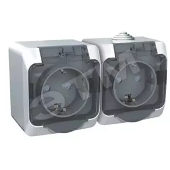 Розетка Schneider Electric Этюд PA16-244B, открытый монтаж, 2-х постовая, с з/к, со шторками, с крышкой, 16A, в сборе, IP44, белый (8830324)