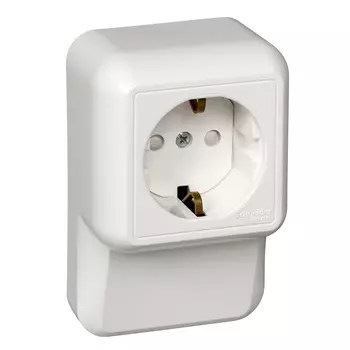 Розетка Schneider Electric Прима, открытый монтаж, однопостовая, с з/к, со шторками, 16A, в сборе, IP20, плинтусная, белый (RA16-003-2M-B)