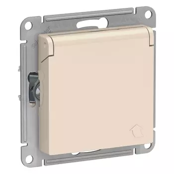 Розетка Schneider Electric, скрытый монтаж, однопостовая, с з/к, со шторками, с крышкой, 16A, механизм с накладкой без рамки, IP20, бежевый (ATN000246)