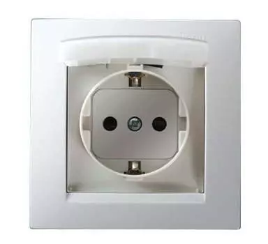 Розетка Simon Simon15, скрытый монтаж, однопостовая, с з/к, со шторками, с крышкой, 16A, в сборе, IP44, белый (1590450-030)