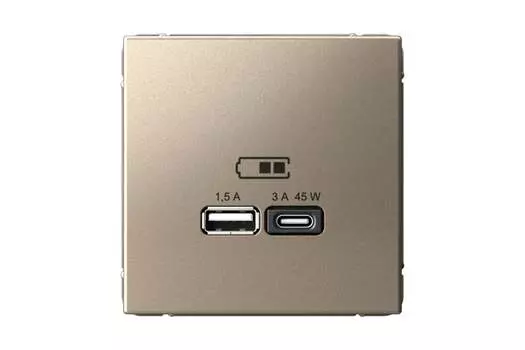 Розетка Systeme Electric AartGallery, USB-A, USB-C, 1.5А, 3А, 45 Вт, механизм с накладкой, шампань (GAL000529)
