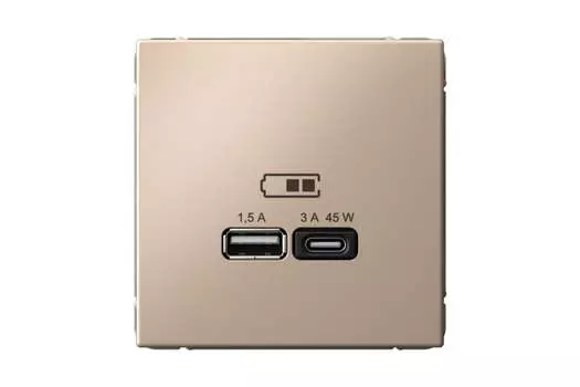 Розетка Systeme Electric AartGallery, USB-A, USB-C, 1.5А, 3А, 45 Вт, механизм с накладкой, песочный (GAL001229)