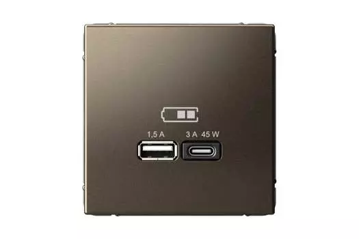 Розетка Systeme Electric AartGallery, USB-A, USB-C, 1.5А, 3А, 45 Вт, механизм с накладкой, мокко (GAL000629)