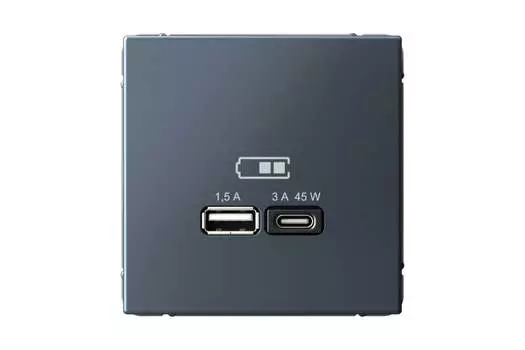 Розетка Systeme Electric AartGallery, USB-A, USB-C, 1.5А, 3А, 45 Вт, механизм с накладкой, грифель (GAL000729)
