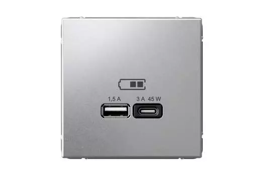Розетка Systeme Electric AartGallery, USB-A, USB-C, 1.5А, 3А, 45 Вт, механизм с накладкой, алюминий (GAL000329)