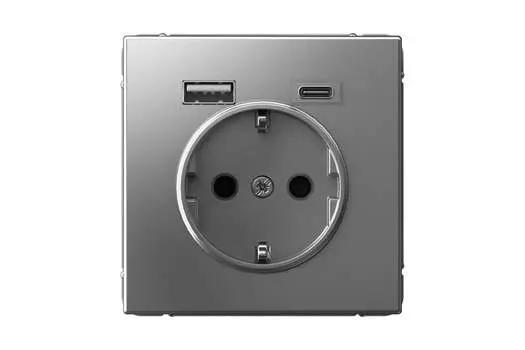 Розетка Systeme Electric ARTGALLERY, скрытый монтаж, однопостовая, с з/к, со шторками, 16А, механизм розетки с накладкой, IP20, USB-A, USB Type-C, стальной, 1 шт. (GAL000932)