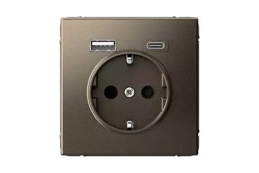 Розетка Systeme Electric ARTGALLERY, скрытый монтаж, однопостовая, с з/к, со шторками, 16А, механизм розетки с накладкой, IP20, USB-A, USB Type-C, мокко, 1 шт. (GAL000632)