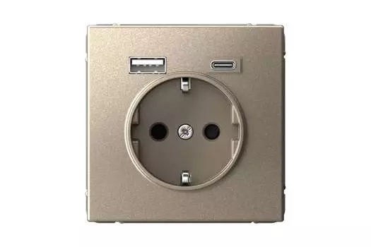 Розетка Systeme Electric ARTGALLERY, скрытый монтаж, однопостовая, с з/к, со шторками, 16А, механизм розетки с накладкой, IP20, USB-A, USB Type-C, шампань, 1 шт. (GAL000532)