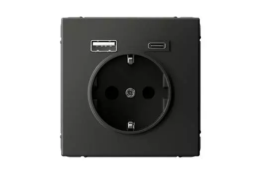 Розетка Systeme Electric ARTGALLERY, скрытый монтаж, однопостовая, с з/к, со шторками, 16А, механизм розетки с накладкой, IP20, USB-A, USB Type-C, базальт, 1 шт. (GAL001432)