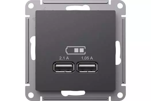 Розетка Systeme Electric AtlasDesign, 2xUSB-A, 1.05А, 2.1А, механизм с накладкой, базальт (ATN001433)