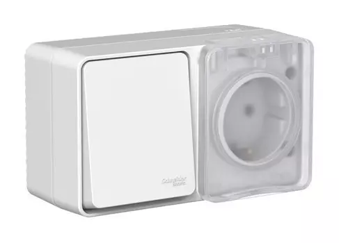 Розетка Systeme Electric AtlasDesign Profi54, открытый монтаж, однопостовая, с з/к, со шторками, с крышкой, 16А, в сборе, IP54, с выключателем, серый, 1 шт. (ATN543070)