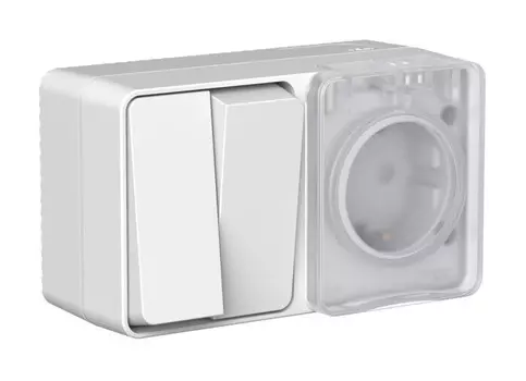 Розетка Systeme Electric AtlasDesign Profi54, открытый монтаж, однопостовая, с з/к, со шторками, с крышкой, 16А, в сборе, IP54, с 2-клавишным выключателем, серый, 1 шт. (ATN543074)