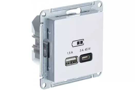 Розетка Systeme Electric AtlasDesign, USB-A, USB-C, 1.5А, 3А, 45 Вт, механизм с накладкой, белый (ATN000129)