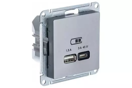 Розетка Systeme Electric AtlasDesign, USB-A, USB-C, 1.5А, 3А, 45 Вт, механизм с накладкой, cталь (ATN000929)