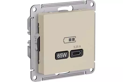 Розетка Systeme Electric AtlasDesign, USB-C, 3.25А, 65 Вт, механизм с накладкой, песочный (ATN001227)