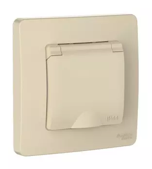 Розетка Systeme Electric Blanca, скрытый монтаж, однопостовая, с з/к, со шторками, с крышкой, 16А, в сборе, IP44, бежевый, 1 шт. (BLNRS441117)