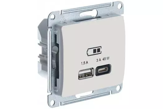 Розетка Systeme Electric Glossa, USB-A, USB-C, 1.5А, 3А, 45 Вт, механизм с накладкой, бежевый (GSL000229)