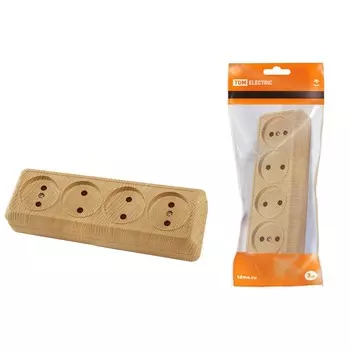 Розетка TDM Ладога, открытый монтаж, 4-х постовая, со шторками, 10A, в сборе, IP20, сосна (SQ1801-0429)