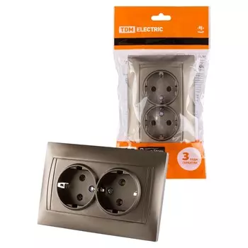 Розетка TDM Лама, скрытый монтаж, 2-х постовая, с з/к, 16A, механизм с накладкой, суппортом и рамкой, IP20, бронза (SQ1815-0725)