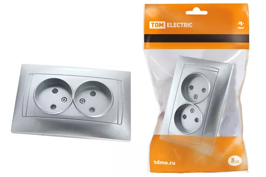 Розетка TDM Лама, скрытый монтаж, 2-х постовая, со шторками, 10A, механизм с накладкой, суппортом и рамкой, серебристый металлик (SQ1815-0212)