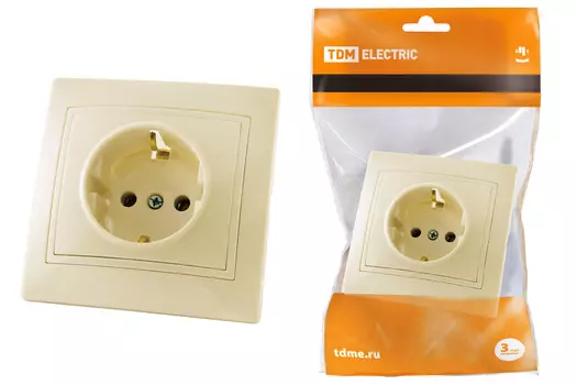 Розетка TDM Таймыр, скрытый монтаж, однопостовая, с з/к, 16A, механизм с накладкой, суппортом и рамкой, слоновая кость (SQ1814-0112)