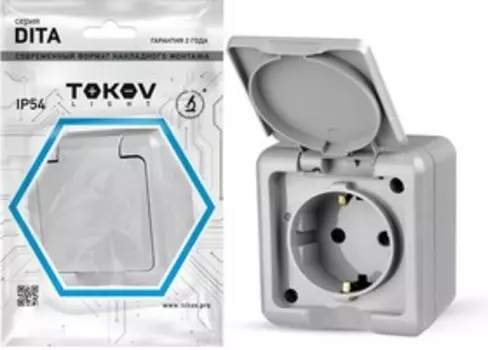 Розетка TOKOV ELECTRIC Dita, открытая, однопостовая/модулей: 1, с з/к, с крышкой, 16А, в сборе, IP54, серый (TKL-DT-R1Z-C06-IP54)
