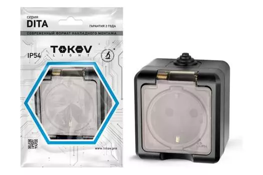 Розетка TOKOV ELECTRIC Dita, открытый монтаж, однопостовая, с з/к, с крышкой, 16А, в сборе, IP54, с прозрачной крышкой, черный, 1 шт. (TKL-DT-R1Z-C14T-IP54)