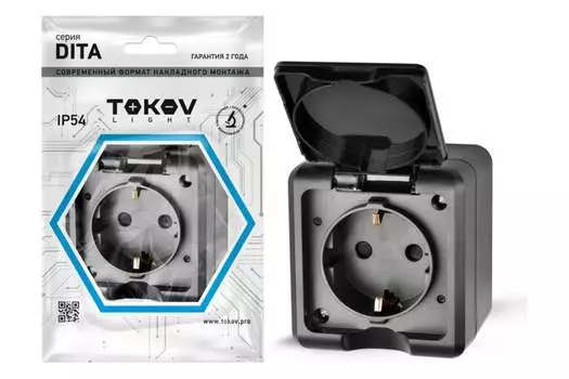 Розетка TOKOV ELECTRIC Dita, открытый монтаж, однопостовая, с з/к, с крышкой, 16А, в сборе, IP54, черный, 1 шт. (TKL-DT-R1Z-C14-IP54)