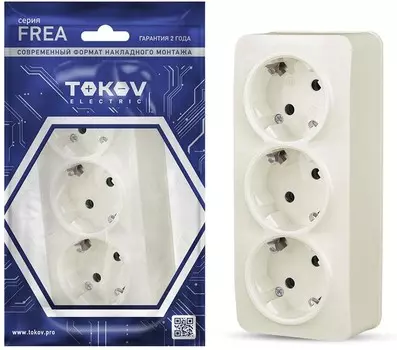 Розетка TOKOV ELECTRIC Frea, открытая, 3-х постовая, с з/к, 16А, в сборе, IP20, бежевый (TKE-FR-R3Z-C02)