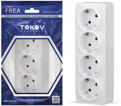 Розетка TOKOV ELECTRIC Frea, открытая, 4-х постовая, с з/к, 16А, в сборе, IP20, белый (TKE-FR-R4Z-C01)
