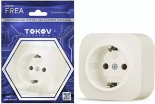 Розетка TOKOV ELECTRIC Frea, открытая, однопостовая/модулей: 1, с з/к, 16А, в сборе, IP20, бежевый (TKE-FR-R1Z-C02)