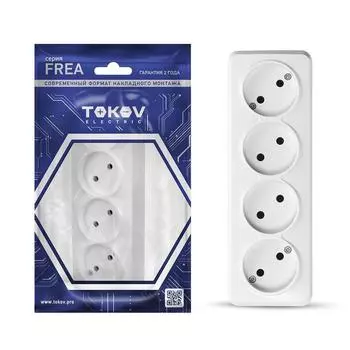 Розетка TOKOV ELECTRIC Frea, открытый монтаж, 4-х постовая, 16А, в сборе, IP20, белый, 1 шт. (TKE-FR-R4-C01)