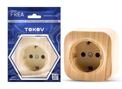 Розетка TOKOV ELECTRIC Frea, открытый монтаж, однопостовая, с з/к, 16А, в сборе, IP20, сосна, 1 шт. (TKE-FR-R1Z-C25)
