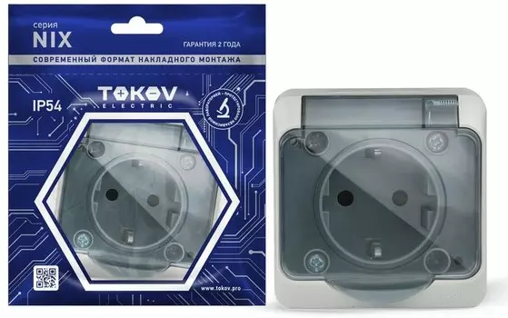 Розетка TOKOV ELECTRIC Nix, открытая, однопостовая/модулей: 1, с з/к, с крышкой, 16А, в сборе, IP54, серый (TKE-NX-R1Z-C06T-IP54)