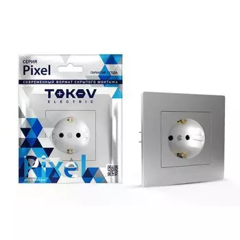 Розетка TOKOV ELECTRIC Pixel, скрытый монтаж, однопостовая, с з/к, со шторками, 16А, в сборе, IP20, алюминий, 1 шт. (TKE-PX-R1FZSF-C03)