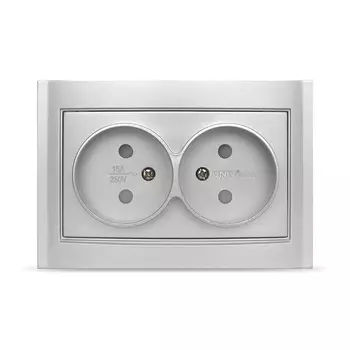 Розетка UNIVersal Бриллиант 7949773, скрытый монтаж, 2-х постовая, со шторками, 16A, в сборе, IP20, серебро (7949773)