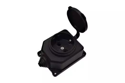 Розетка UNIVersal КОМПАКТ 3032, открытый монтаж, однопостовая, с з/к, с крышкой, 16А, в сборе, IP44, Schuko, черный, 1 шт. (3032)