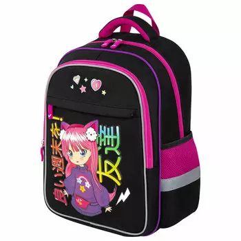 Рюкзак Brauberg FAVOUR Anime girl, анатомическая, вентилируемая, формоустойчивая спинка, 2 отделения, черный/розовый (272059)