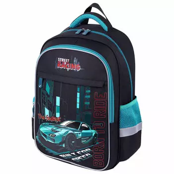 Рюкзак Brauberg FAVOUR Born to ride, анатомическая, вентилируемая, формоустойчивая спинка, 2 отделения, черный/бирюзовый (271420)
