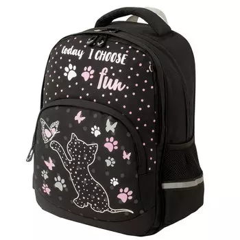 Рюкзак Brauberg SOFT Joyful kitten, анатомическая, вентилируемая, формоустойчивая спинка, 2 отделения, черный (228791)