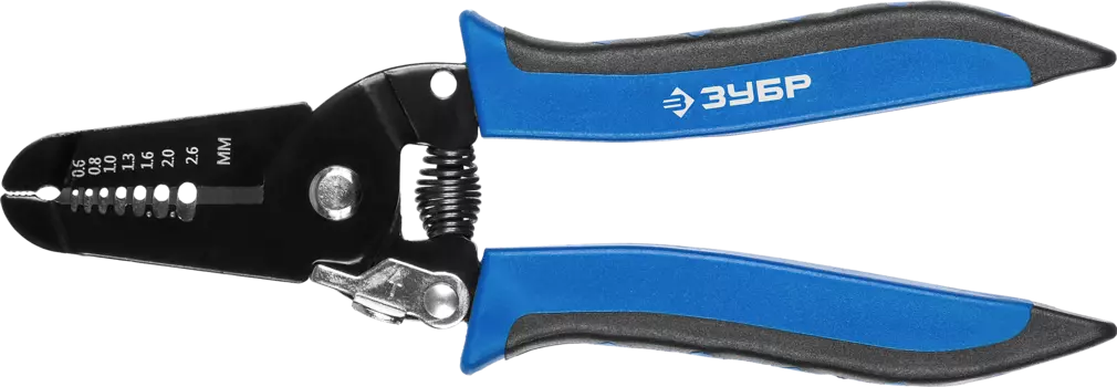 Съемник изоляции (стриппер) от 0.5 мм до 2.6 мм, резка провода, пассатижи, отверстия для формирования петель, Зубр ПРОФЕССИОНАЛ (22666-26)