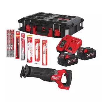 Сабельная пила Milwaukee M18 FSZ100P-502P, аккумуляторная, подсветка, Li-Ion, 18 В, 5 А·ч, бесключевая замена оснастки, 2акб+з/у (4933498242)