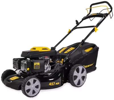 Самоходная газонокосилка Champion LM4630, бензиновая, 3 кВт, 4.1 л.с., ширина скашивания 45.7 см, высота скашивания 2.5 см-7.5 см, 92.5 дБА, объем травосборника 60л., 33.5 кг (LM4630)