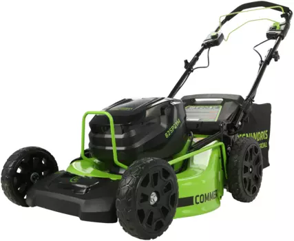 Самоходная газонокосилка Greenworks GC82LM51SP2, бесщеточный, аккумуляторная, Li-Ion, 5 А·ч, 82 В, ширина скашивания 51 см, высота скашивания 2.5 см-8 см, 96 дБ, объем травосборника 60л., 31 кг, без акб и зу (2515907)
