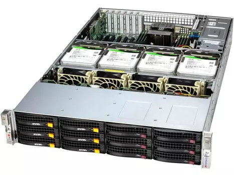 Сервер Supermicro 621E-ACR16L, 2xIntel Xeon Gold 6426Y (up2), 4x64Gb RAM, noHDD + 1x480Gb M.2 NVMe SSD, 12x3.5" HS, AOC-S3816L-L16IT, noDVD, 2x10GLAN, IPMI, 2x1600 Вт (up2), 2U (SSG-621E-ACR16L.)