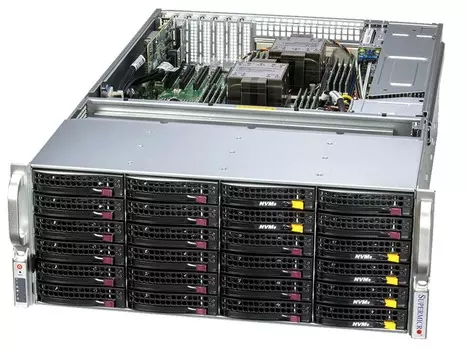 Сервер Supermicro 641E-E1CR36L, 2xIntel Xeon Gold 5520+ (up2), 4x96Gb RAM, noHDD + 1x480Gb M.2 NVMe SSD, 38x3.5" HS, AOC-S3808L-L8IT-P, noDVD, 2x10GLAN, IPMI, 2x1600 Вт (up2), 4U (SSG-641E-E1CR36L.)